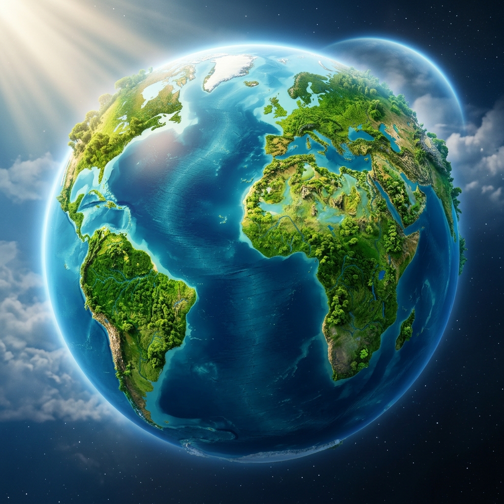 A highly realistic 3D green eco-friendly globe with vibrant nature