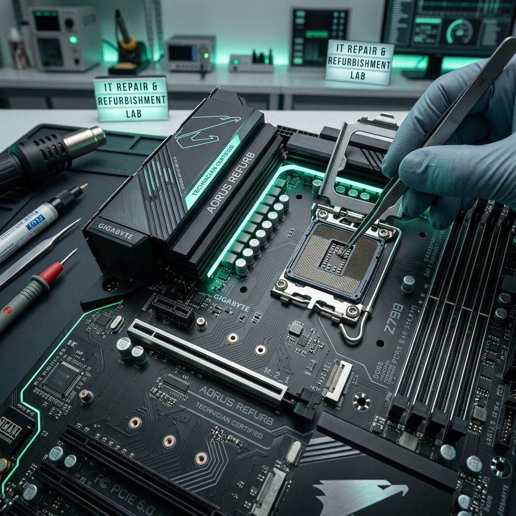 High-tech computer motherboard signaling IT repair
