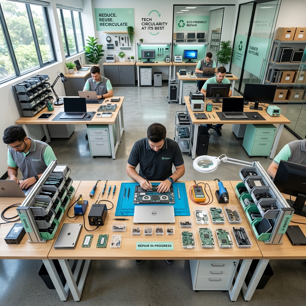 Overhead view of a modern tech lab for IT refurbishment